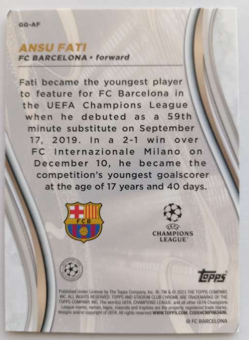 ANSU FATI (Barcelona) - TOPPS STADIUM CHROME  Champ./League 2023 - CHROME "GOLD" TRADING CARD GG-AF