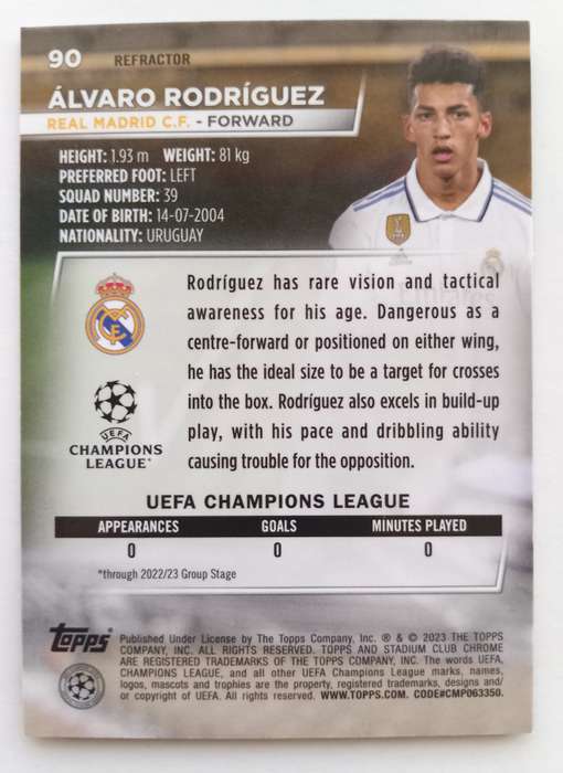 ALVARO RODRIGUEZ (Real Madrid) - TOPPS STADIUM CHROME 2023 - CHROME ROOKIE TRADING CARD 90