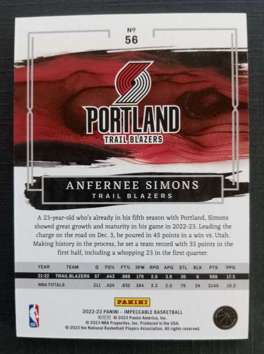 ANFERNEE SIMONS (Portland) - PANINI IMPECCABLE NBA 2023 - RARE TRADING CARD 29 of 30