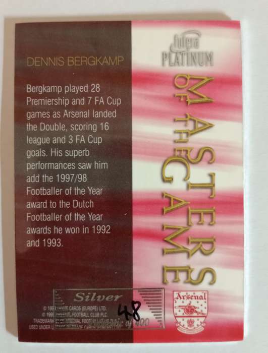 DENNIS BERGKAMP (Arsenal) - FUTERA  PLATINUM COLLECTION 98 - SILVER LIMITED EDITION CARD 48 of 400
