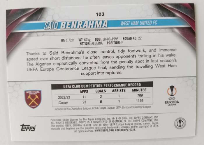 SAID BERHANDA (West Ham) - TOPPS Champ League 2024 - PINK SPARKLE TRADING CARD 103