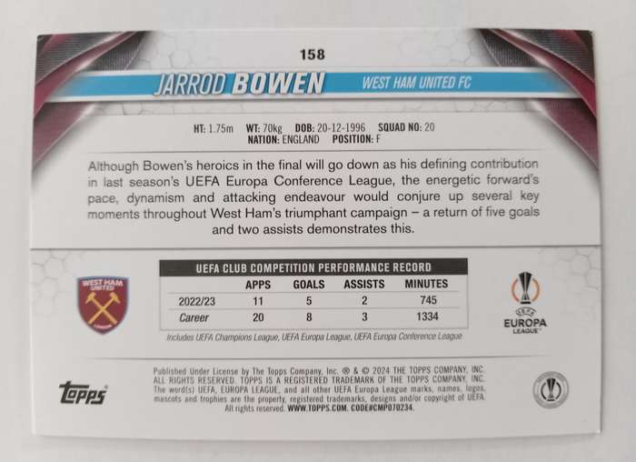 JARROD BOWEN (West Ham) - TOPPS Champ League 2024 - PINK SPARKLE TRADING CARD 158