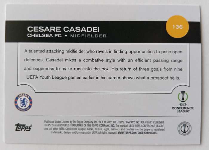 CESARE CASADEI (Chelsea) - TOPPS Champions League 2024/25 - ROOKIE TRADING CARD 136