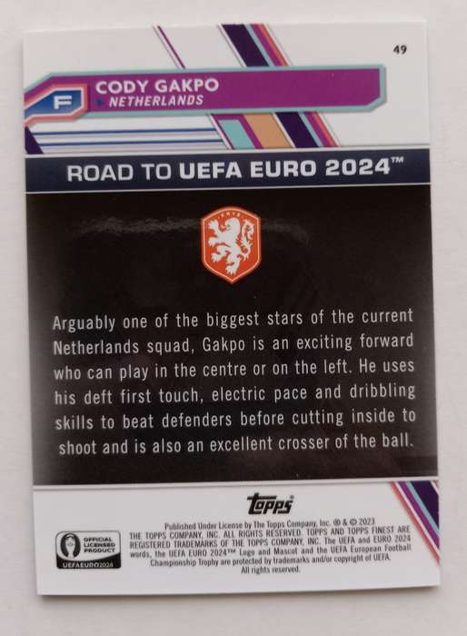 CODY GAPKO (Holland) - TOPPS FINEST CHROME RT EURO 2024 - SAPHIRE CHROME TRADING CARD 100 of 150