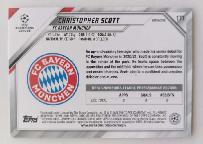 CHRISTOPHER SCOTT (Bayern Munch) - TOPPS CHROME Champ/League 2022 - CHROME ROOKIE TRADING CARD 177