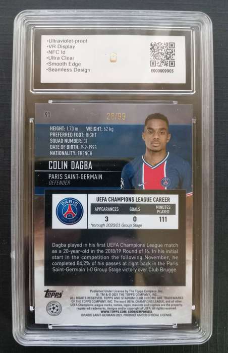 COLIN DAGBA (PSG) - TOPPS STADIUM CHROME C/League 2021 - ROOKIE TRADING CARD 28 of 99 - GRADED 9,5