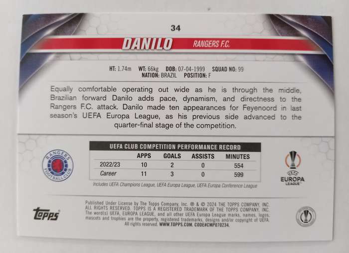 DANILO (Rangers) - TOPPS Champ League 2024 - ROOKIE PINK SPARKLE TRADING CARD 34