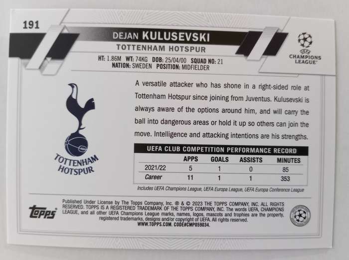 DEJAN KULUSEVSKI (Spurs) - TOPPS Champ League 2023 - PINK SPARKLE TRADING CARD 191
