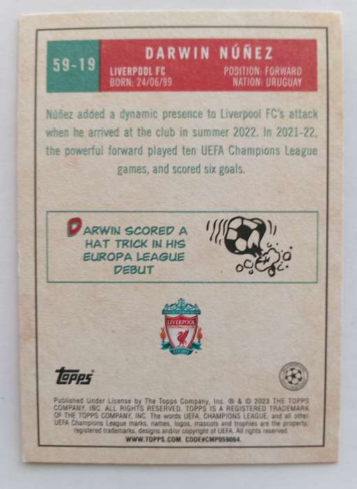 DARWIN NUNEZ (Liverpool) - TOPPS Champions League 2023 - TRADING CARD 59/19