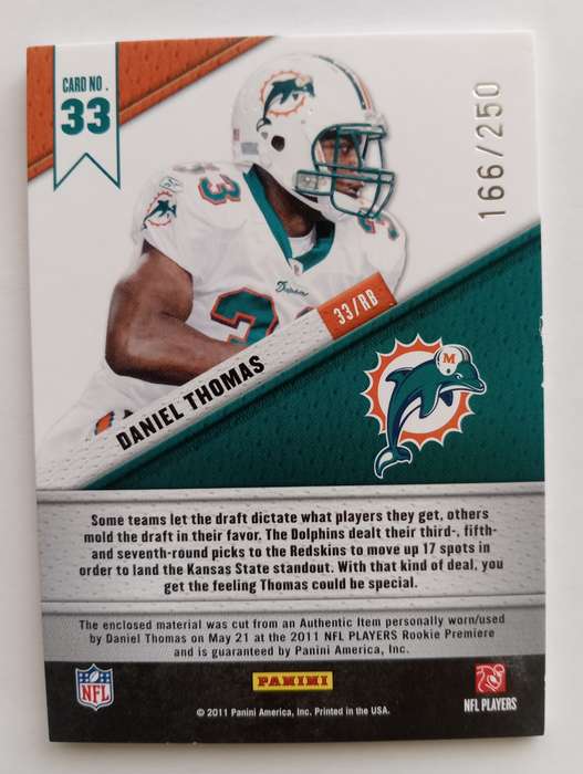 DANIEL THOMAS - PANINI NFL 2011 FABRICS of the GAME - ROOKIE MEMORABILA TRADING CARD 166 of 250