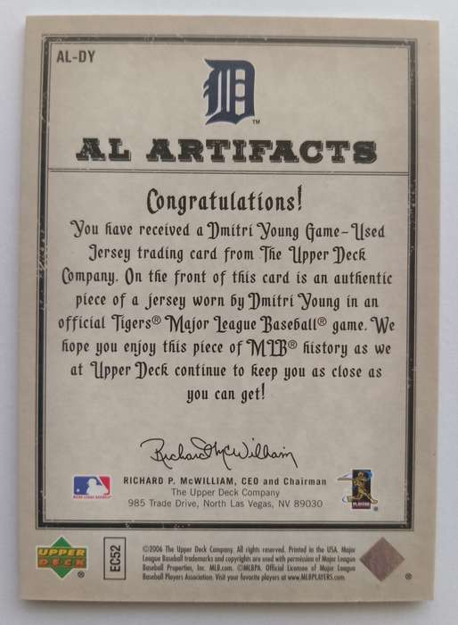 DMITRI YOUNG - UPPER DECK BASEBALL AL ARTIFACTS 2006 - RARE "GAME JERSEY" TRADING CARD 34 of 150