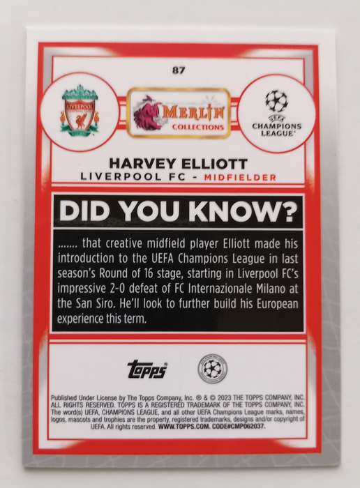 HARVEY ELLIOTT (Liverpool) - TOPPS MERLIN CHROME C/LEAGUE 2023 - NEON GREEN TRADING CARD 168 of 350