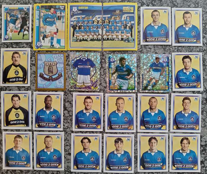 EVERTON FC - MERLIN Premier League sticker collection 1998 - COMPLETE TEAM SET OF 24 STICKERS