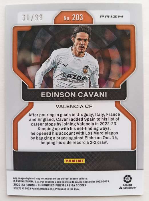EDINSON CAVANI (Valencia)  - PANINI LA LIGA PRIZM 2023 - RARE TRADING CARD 30 of 99