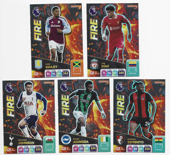 PANINI English Premier League 2024/25 - COMPLETE SET of 5 FOIL "FIRE" TRADING CARDS