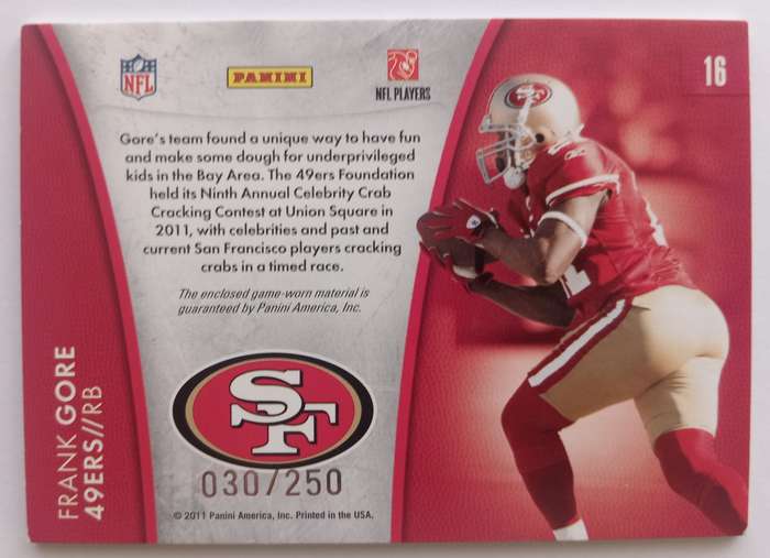 FRANK GOBE (S. Francisco) - PANINI NFL 2011 COLLECTION - RARE "USED JERSEY" TRADING CARD 30 of 250