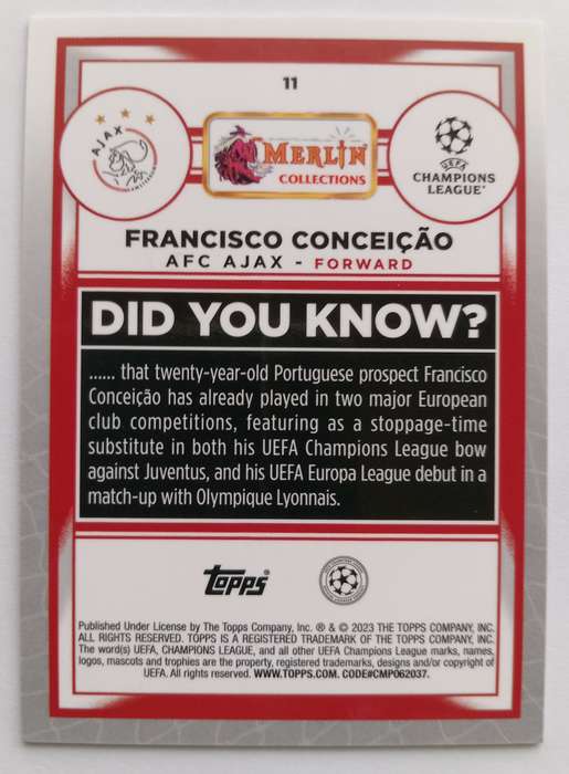 FRANCISCO CONCEICAO (Ajax)- TOPPS MERLIN CHROME C. L.  202/23 -  ROOKIE PINK CARD 251 of 275