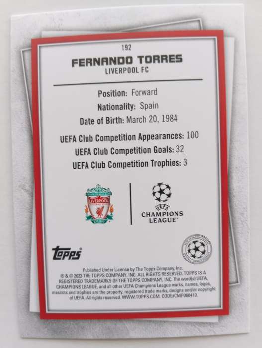 FERNANDO TORRES - TOPPS Champ/League Superstars 2023 Legends -WHITE  "LEGEND" TRADING CARD
