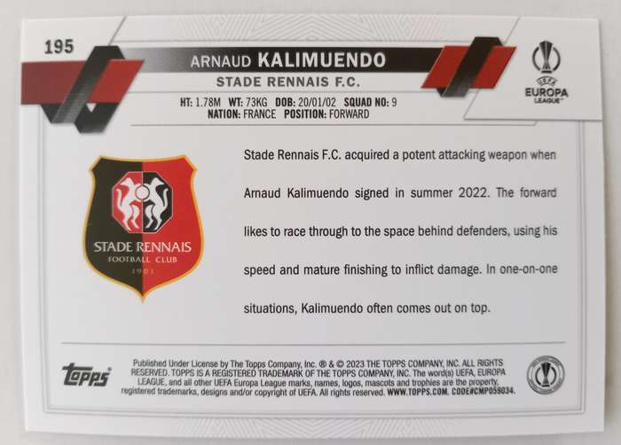 ARNAUD KALIMUENDO (ST Renais) - TOPPS Champ League 2023 - ROOKIE PINK SPARKLE TRADING CARD 195
