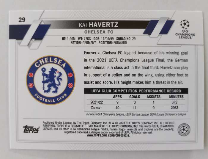 KAI HAVERTZ (Chelsea) - TOPPS Champ League 2023 -  PINK SPARKLE TRADING CARD 29