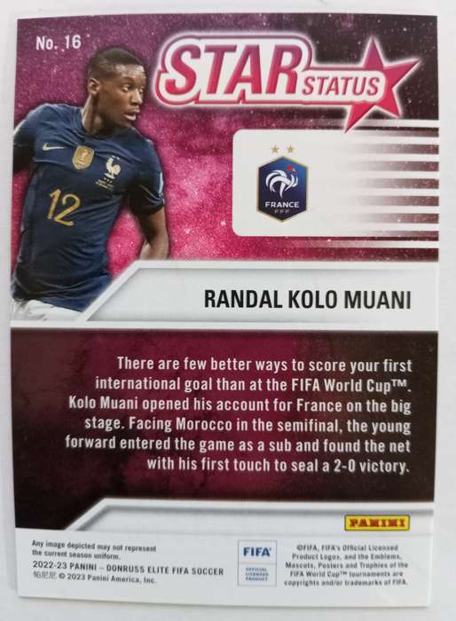 RANDAL K MUANI (France) - PANINI DONRUSS ELITE FIFA SOCCER 2023 - PINK STAR STATUS TRADING CARD 16