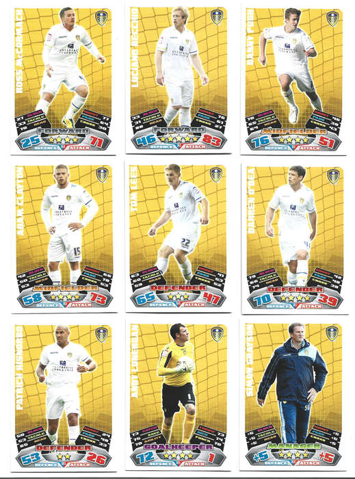 LEEDS UNITED FC  - TOPPS MATCH ATTAX ENGLISH CHAMPIONSHIP 2011/12 - TEAM TRADING CARD LOT of 9