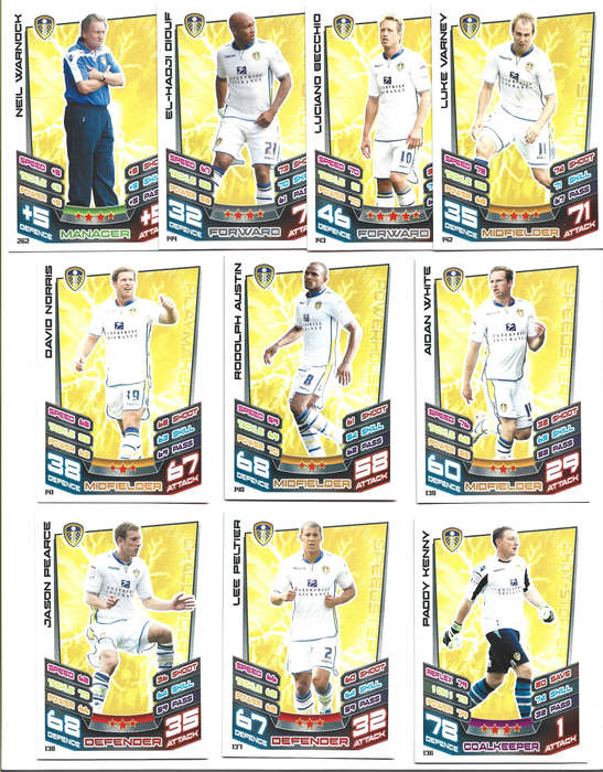 LEEDS UNITED FC  - TOPPS MATCH ATTAX ENGLISH CHAMPIONSHIP 2012/13 - TEAM TRADING CARD LOT of 10