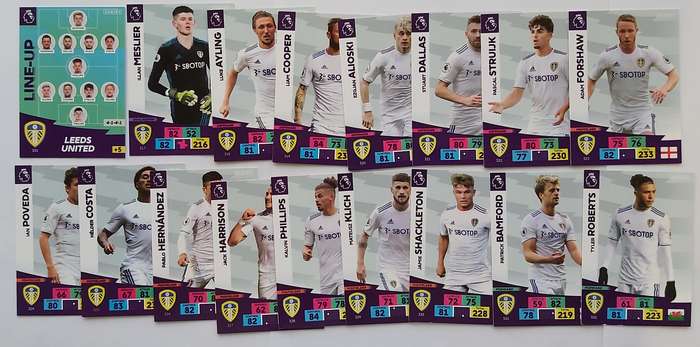 LEEDS UNITED - ENGLISH PREMIER LEAGUE 2020/2021 - TEAM SET of 28 `FOIL and BASE` TRADING CARDS