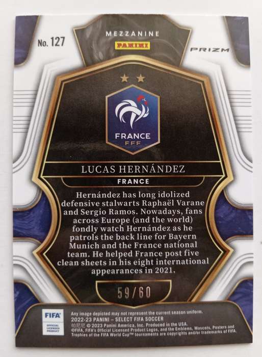 LUCAS HERNANDEZ (France) - PANINI SELECT PRIZM MEZZANINE 2023 - ORANGE PRIZM CARD 59 of 60