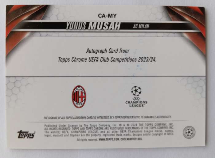 YUNUS MUSAH (AC Milan) - TOPPS CHROME C/LEAGUE 2024 - CERTIFIED AUTOGRAPH TRADING CARD 247 of 299
