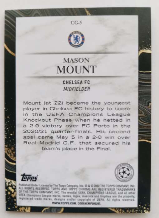 MASON MOUNT (Chelsea) - TOPPS CHROME Champ/League 2022 - CHROME CHASING GLORY  TRADING CARD CG5