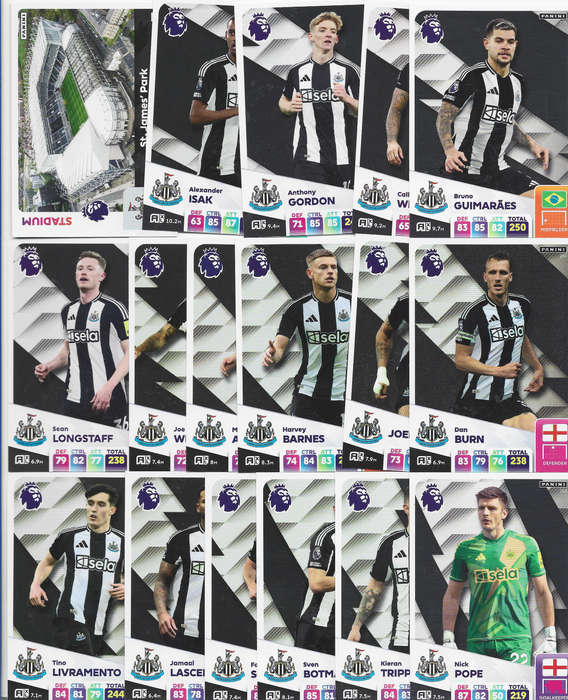 NEWCASTLE UNITED  - PANINI English Premier League 2024/25 - COMPLETE TEAM SET of 22 CARDS