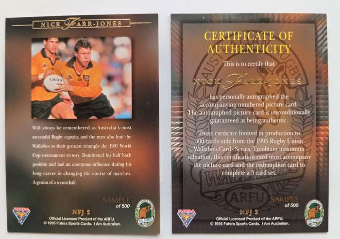 NICK FARR JONES - `FUTERA 1995 RUGBY COLLECTION` - `SAMPLE` SIGNATURE REDEMPRION CARD SET of 500