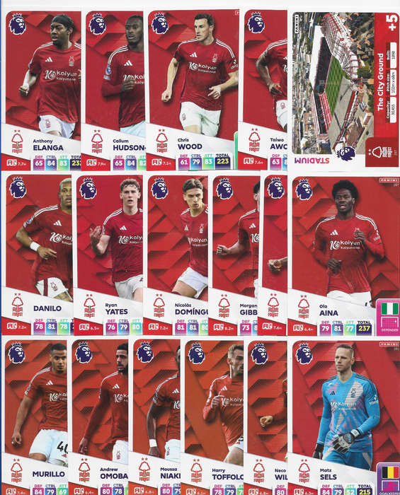 NOTTHINGHAM FOREST  - PANINI English Premier League 2024/25 - COMPLETE TEAM SET of 23 CARDS