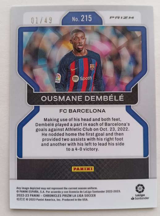 OUSMANE DEMBELE (Barcelona)  - PANINI LA LIGA PRIZM 2023 - RARE SAPHIRE PRIZM TRADING CARD 1 of 49