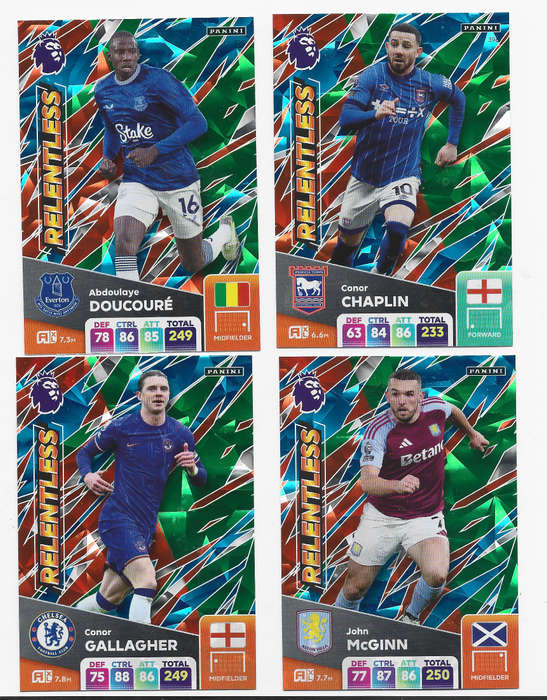PANINI English Premier League 2024/25 - COMPLETE SET of 4 FOIL "RELENTLESS" TRADING CARDS