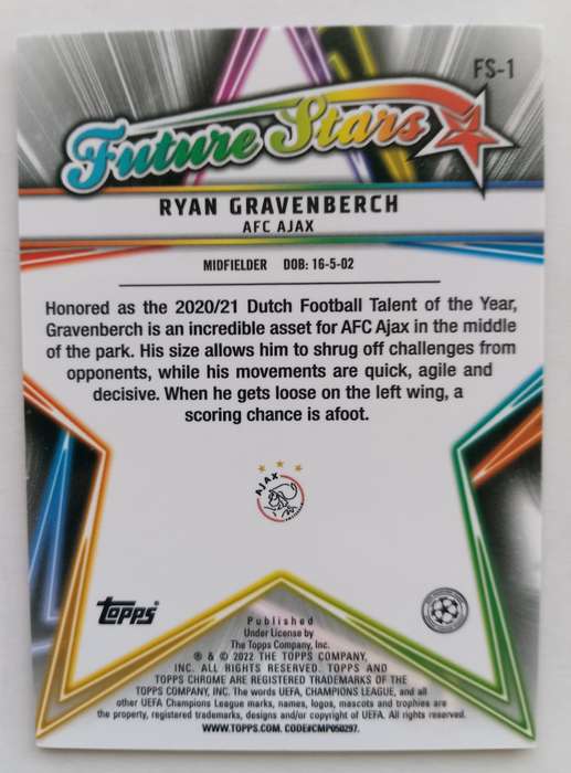 RYAN GRAVENBERCH (Ajax) - TOPPS CHROME Champ/League 2022 - CHROME Future Star  TRADING CARD FS1