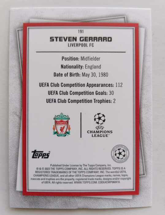 STEVEN GERARD - TOPPS Champ/League Superstars 2023 Legends -WHITE  "LEGEND" TRADING CARD