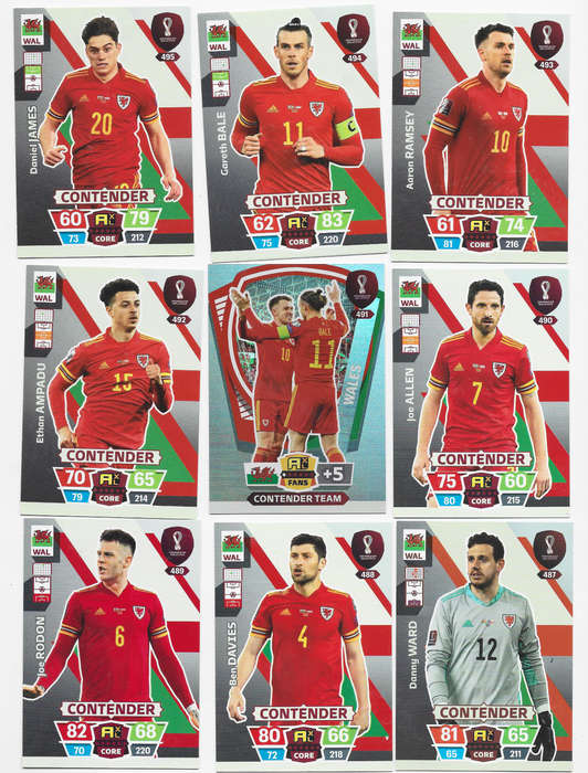 WALES - PANINI `FIFA WORLD CUP 2022` QATAR - COMPLETE 9 CARD TEAM TRADING CARD SET