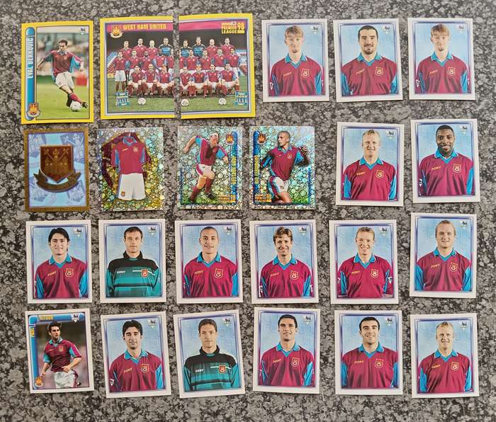 WEST HAM UNITED - MERLIN Premier League sticker collection 1998 - COMPLETE TEAM SET OF 24 STICKERS