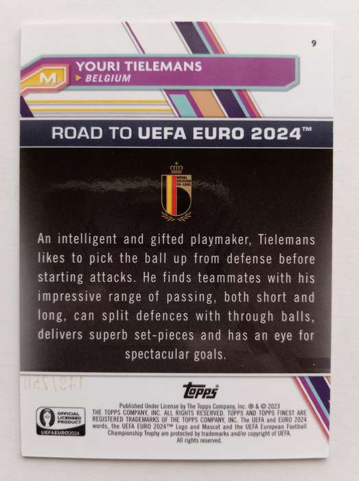 YOURI TIELMANS (Belgium) - TOPPS FINEST CHROME RT EURO 2024 - SAPHIRE CHROME TRADING CARD 148 of 250