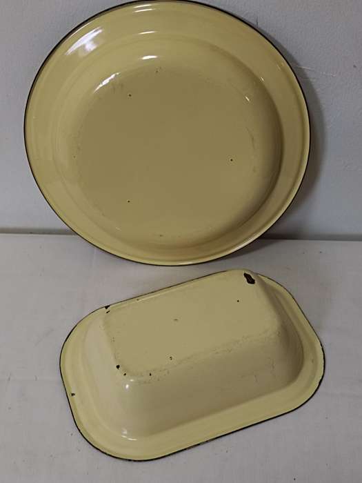 Enamel plate and bowl with green rims
