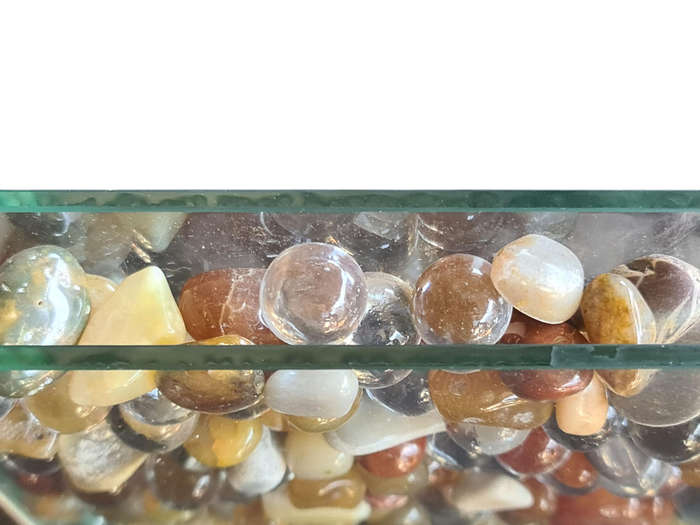 Glass holder with Gemstones and clear Glass marbles.