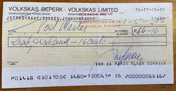 CHEQUE BANK VOLKSKAS LIMITED BEPERK JEPPE STREET JOHANNESBURG 1985 KLIPTOWN POSTMASTER GENERAL 1 May