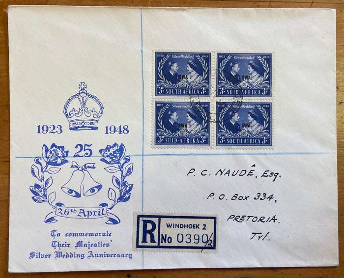 SOUTH WEST AFRICA ovpt SILVER WEDDING of KING GEORGE VI 1948 COVER REGISTERED MAIL to PRETORIA, TVL.