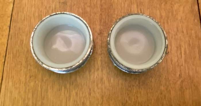 OPEN SALT POTS  Balled feet x pair (2)  SILVER PLATED  MILK GLASS LINERS