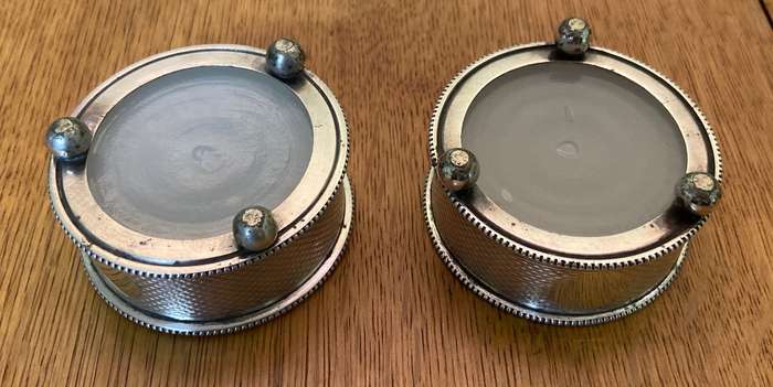 OPEN SALT POTS  Balled feet x pair (2)  SILVER PLATED  MILK GLASS LINERS