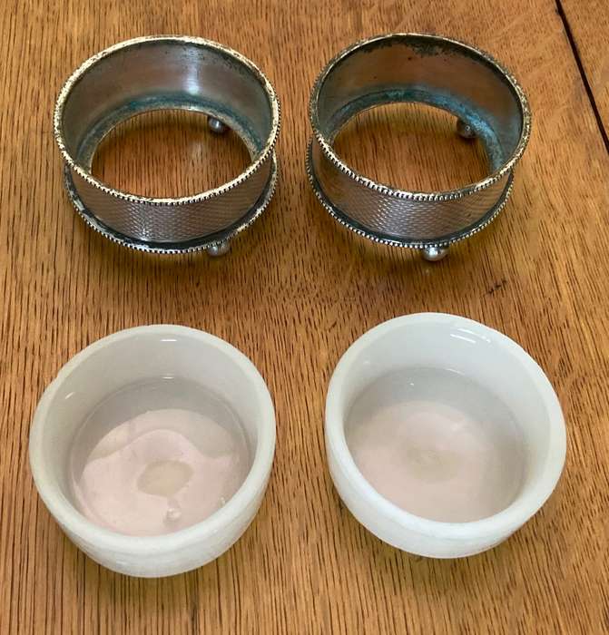 OPEN SALT POTS  Balled feet x pair (2)  SILVER PLATED  MILK GLASS LINERS