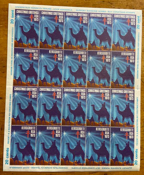 CHRISTMAS GREETINGS STAMPS SHEET RSA KERSGROETE 1973 PREVENT TB MALNUTRITIONSUPPORT SUNSHINE HOMES