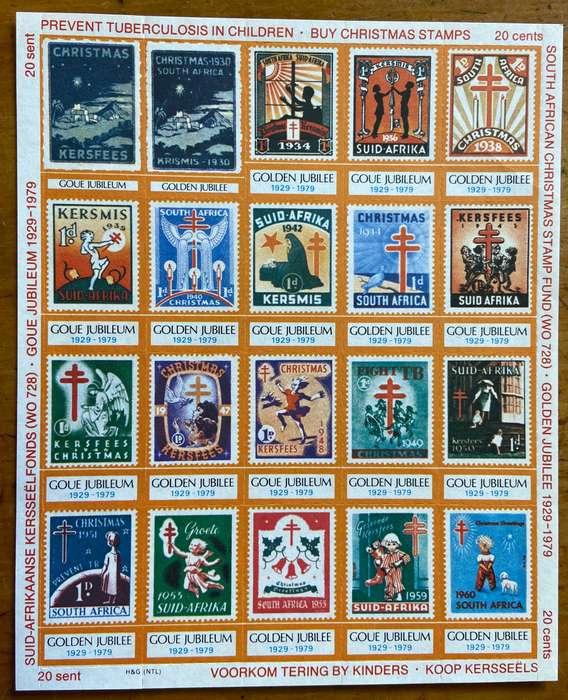 CHRISTMAS STAMPS SHEET GOLDEN JUBILEE 1929-79 RSA KERSFEES PREVENT TB in CHILDREN 20c CINDERELLAS